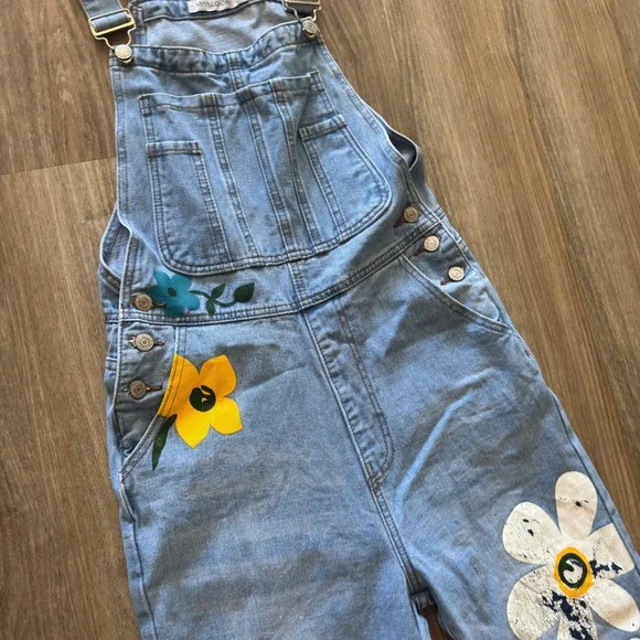 Misslook Women Floral Print Denim Overalls Light Wash Raw Hem Boho Size S - Picture 5 of 8